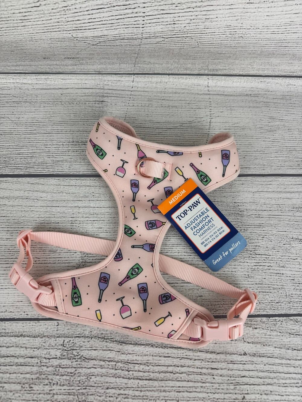 Top Paw Pink Champagne Bottle Print Adjustable Comfort Dog Harness Size Medium